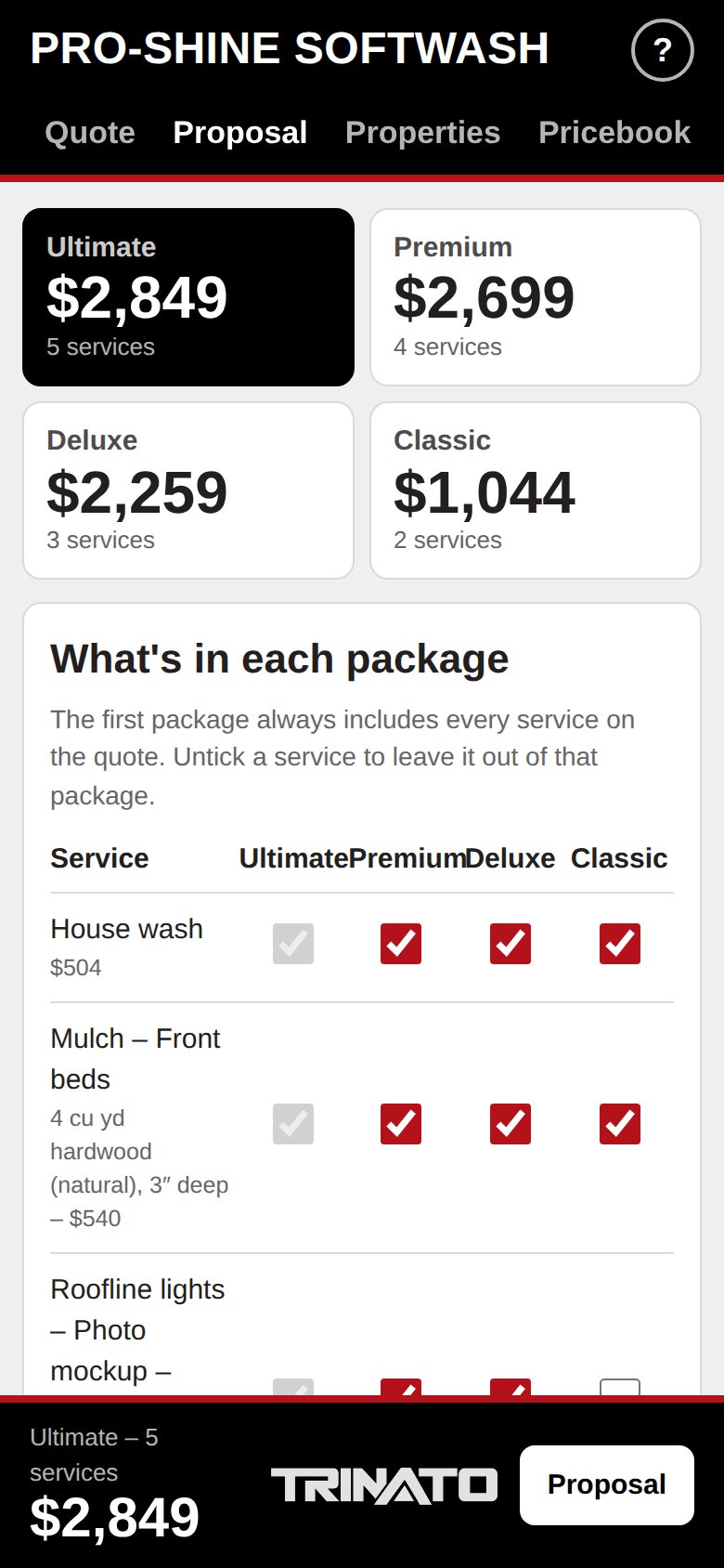 Four package prices side by side