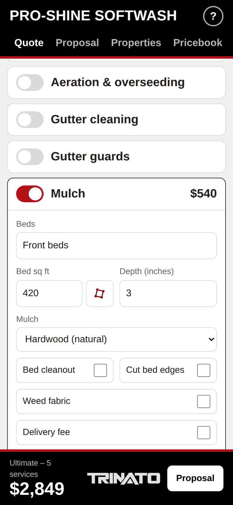 Mulch service with bed size, depth and add-ons